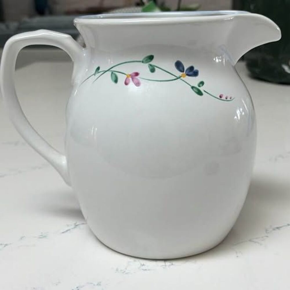 Vintage 7.5” White Ceramic Floral Water Pitcher | Cottage Style Serving Pitcher